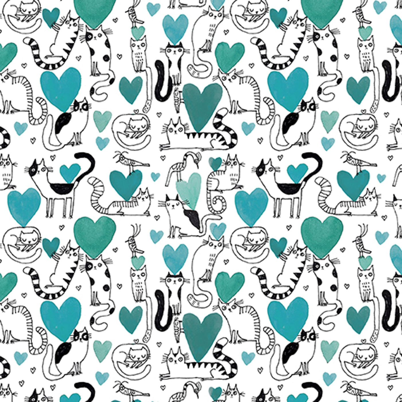 Hearts and Cats Teal 10335-80 (It's raining Cats and Dogs)
